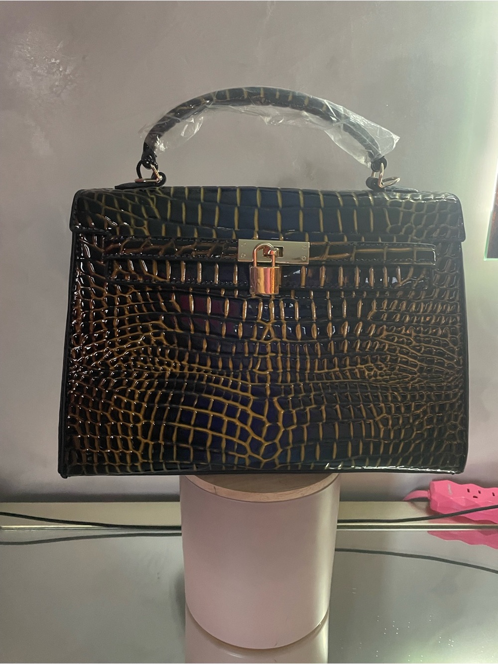 Handbag Vegan Croc-Embossed Top-Handle Bag in blue-gold